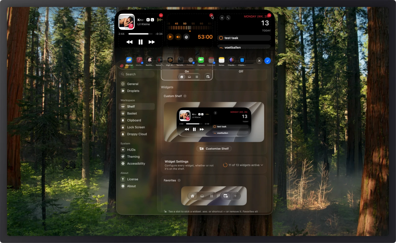 Droppy 14.2 beta 1 showing Custom Shelf editing with four widgets on the expanded Shelf.