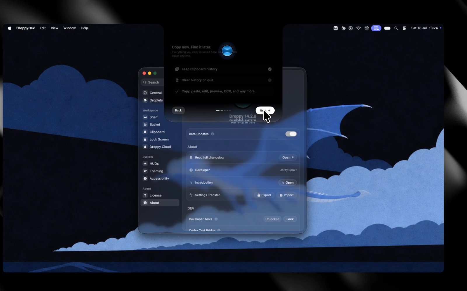 Droppy 14.2 beta 2 showing its guided onboarding tour over the Settings window.