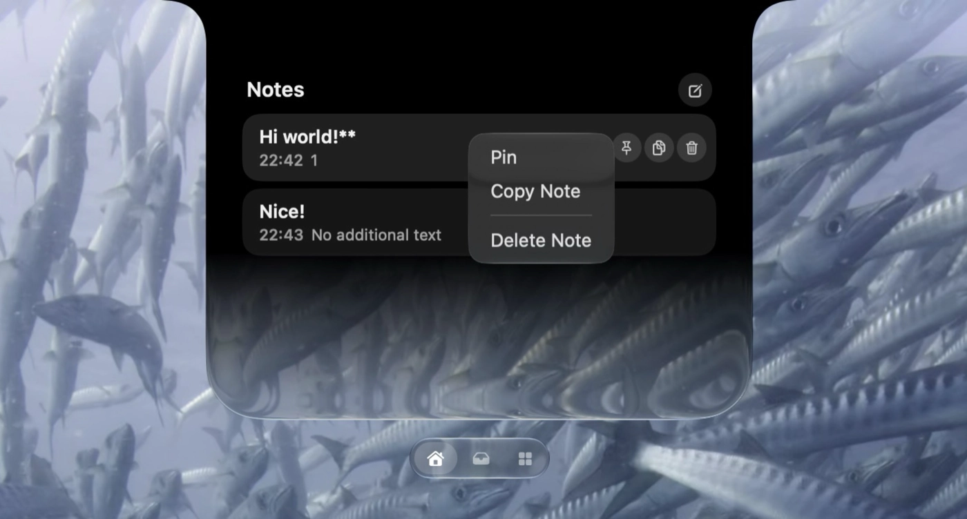 Droppy Notes showing saved notes and their available row actions.