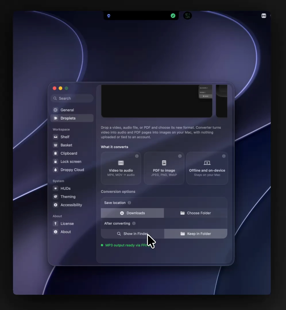 The Converter droplet settings page listing supported conversions and options.