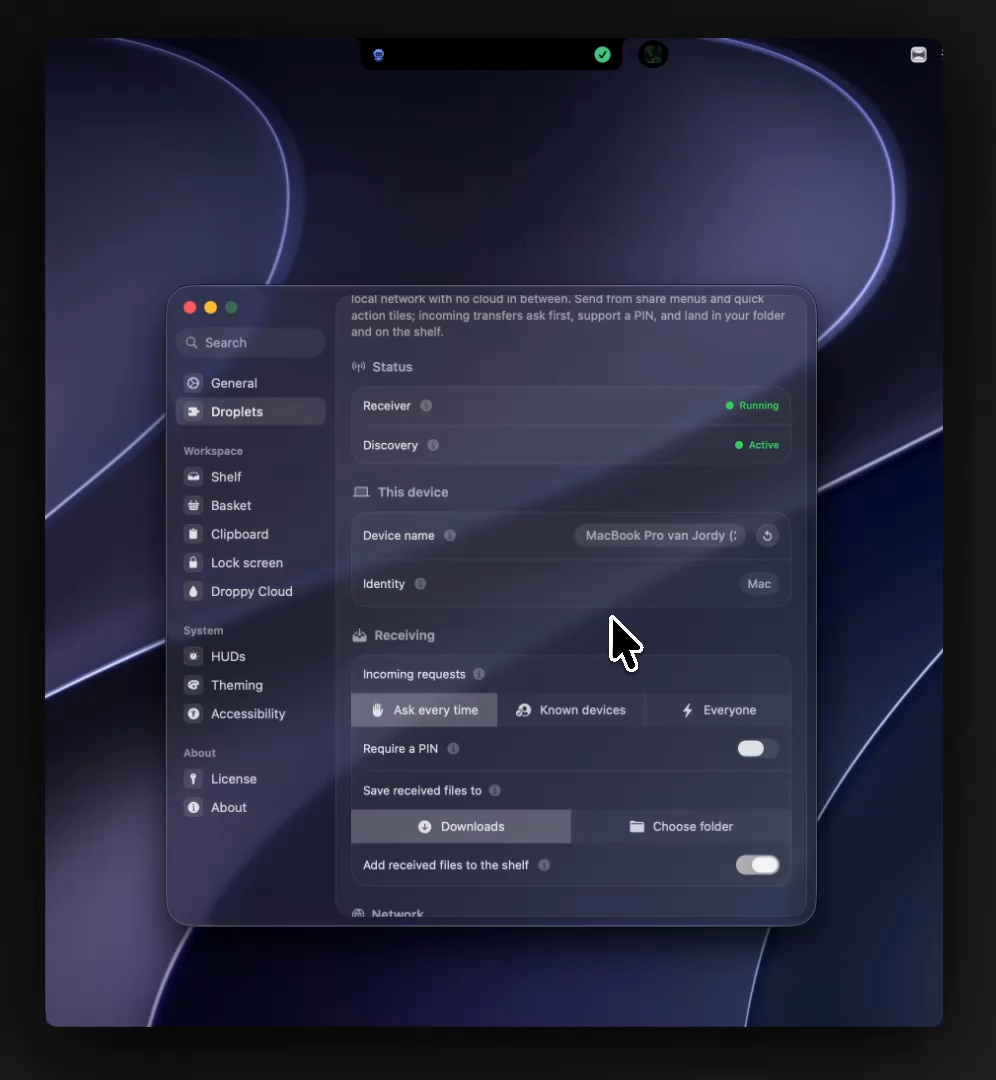 LocalSend settings showing receiver status, device identity, and receiving controls.