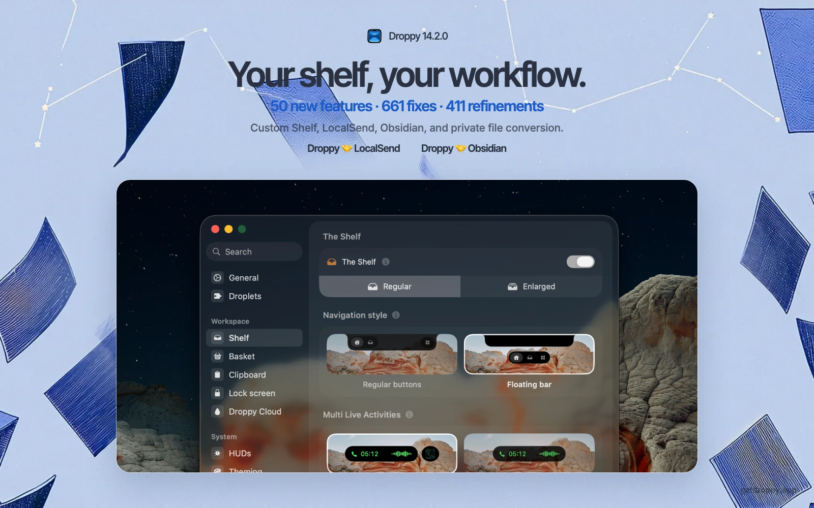 Droppy 14.2.0 editorial release artwork with the Shelf settings page and LocalSend and Obsidian highlights.