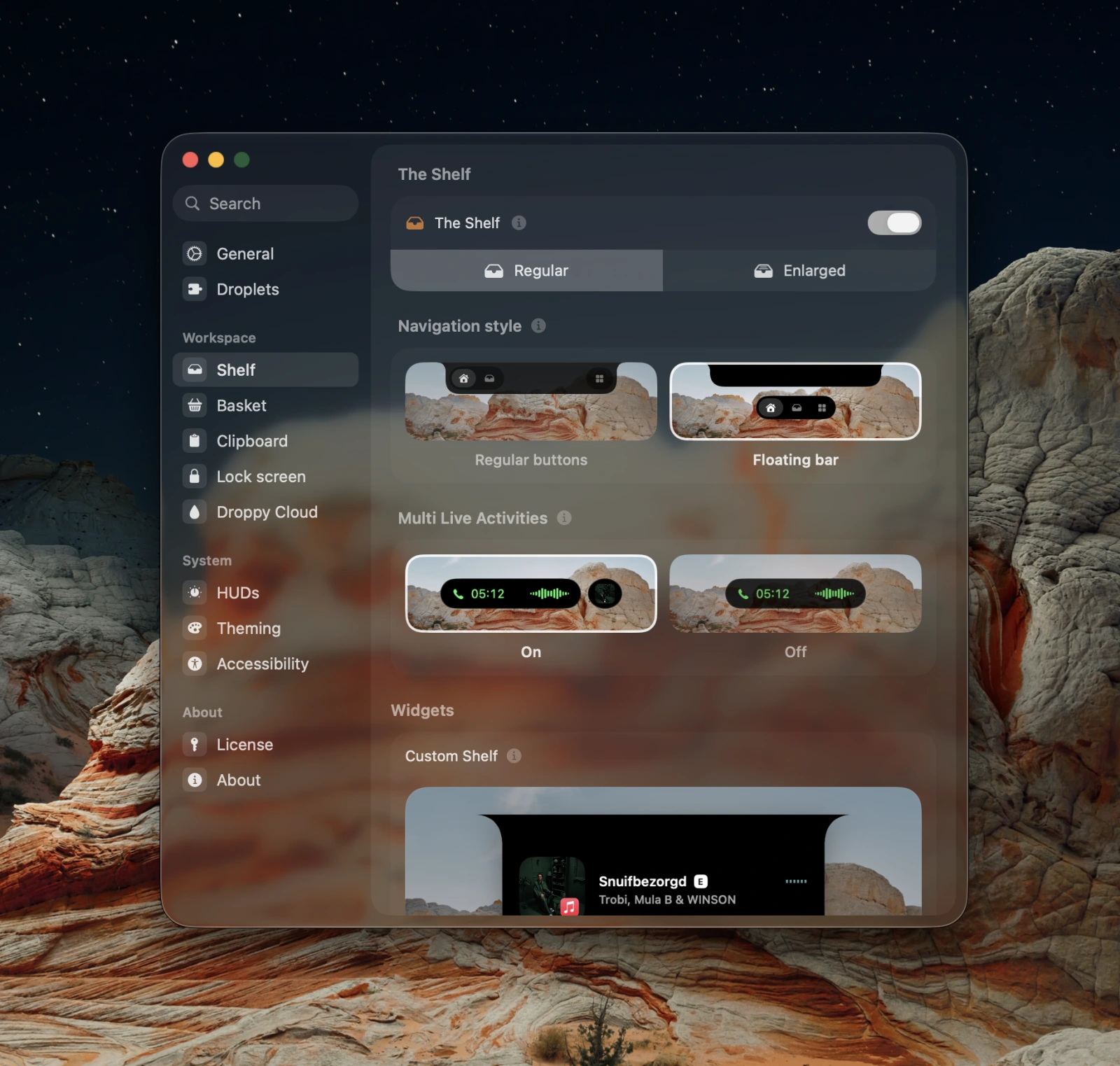 Droppy 14.2.0 announcement artwork showing the redesigned Shelf settings and release highlights.
