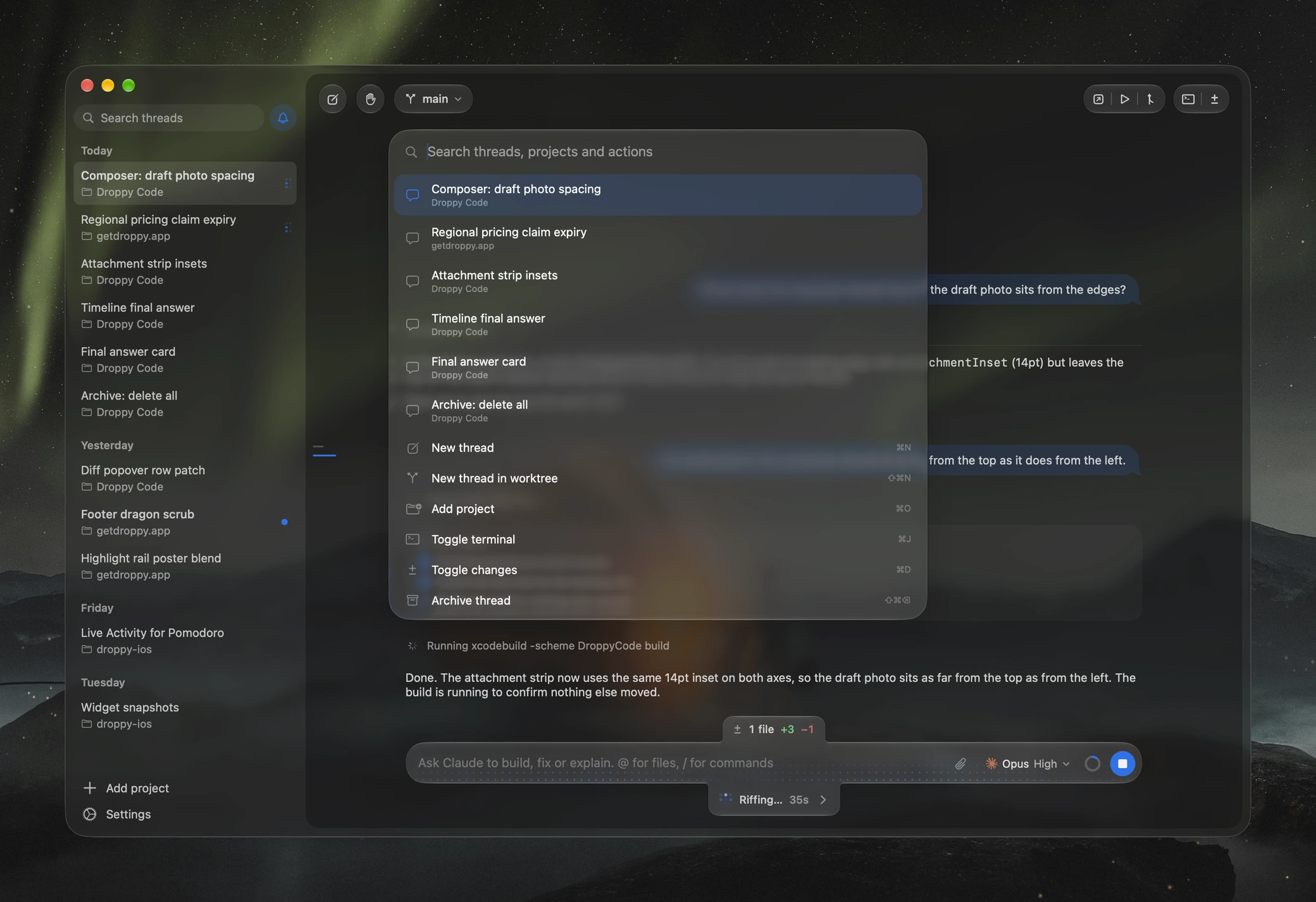 The command palette open over a thread, listing threads, projects and actions