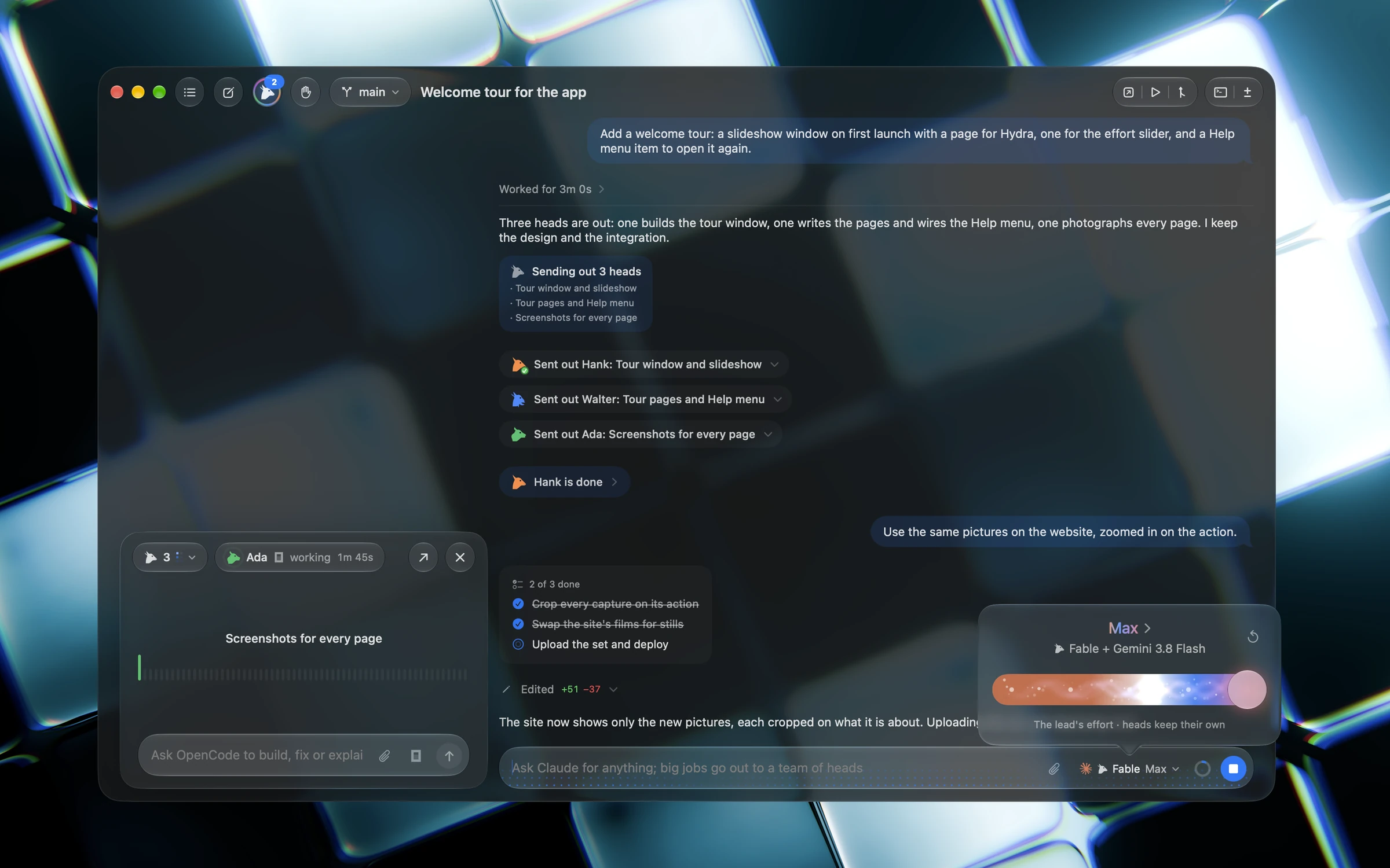 Droppy Code with a Hydra team at work: the lead's chat with its heads, the team's panel floating, and the effort slider open at Max
