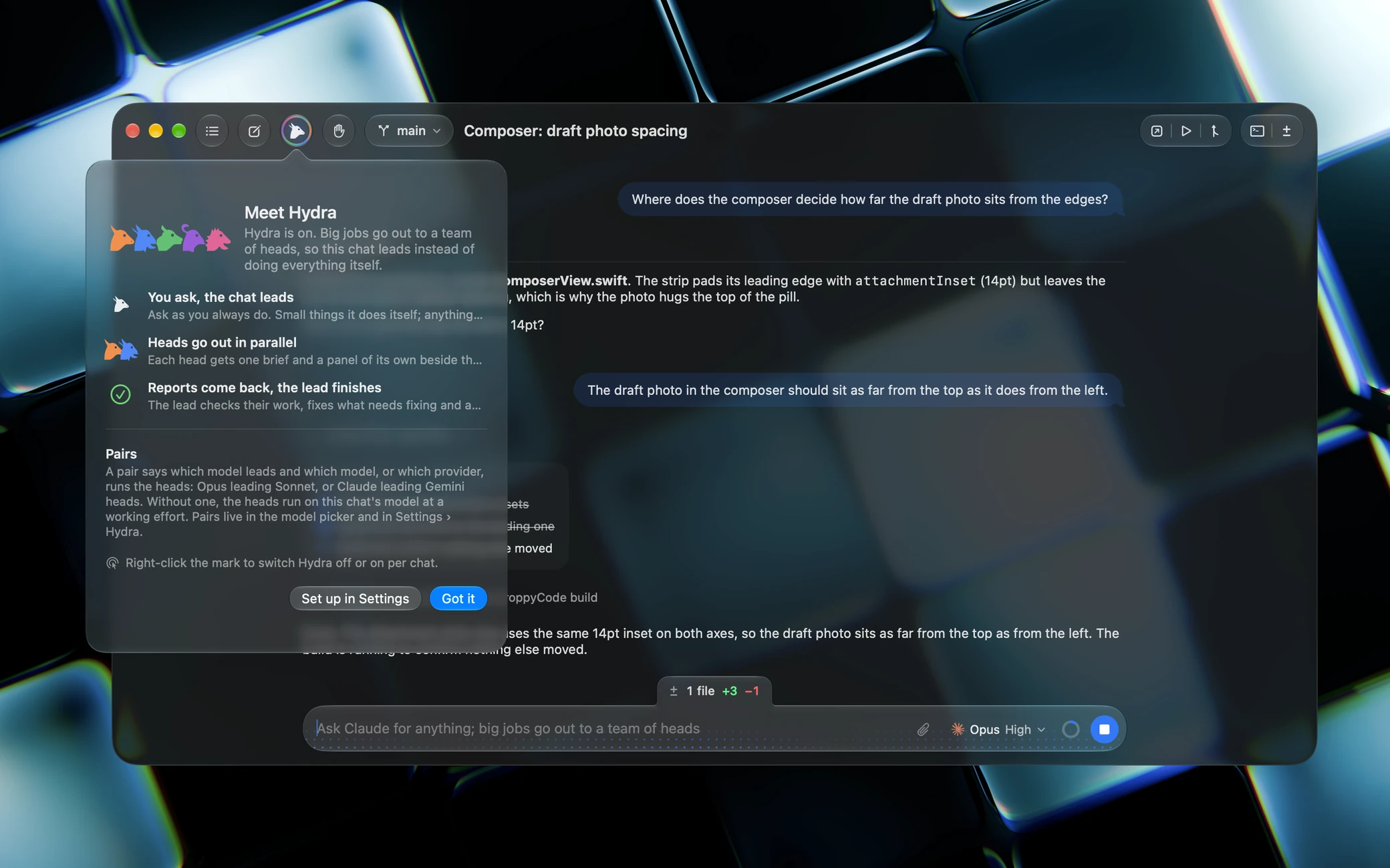 The Hydra intro popover over the chat