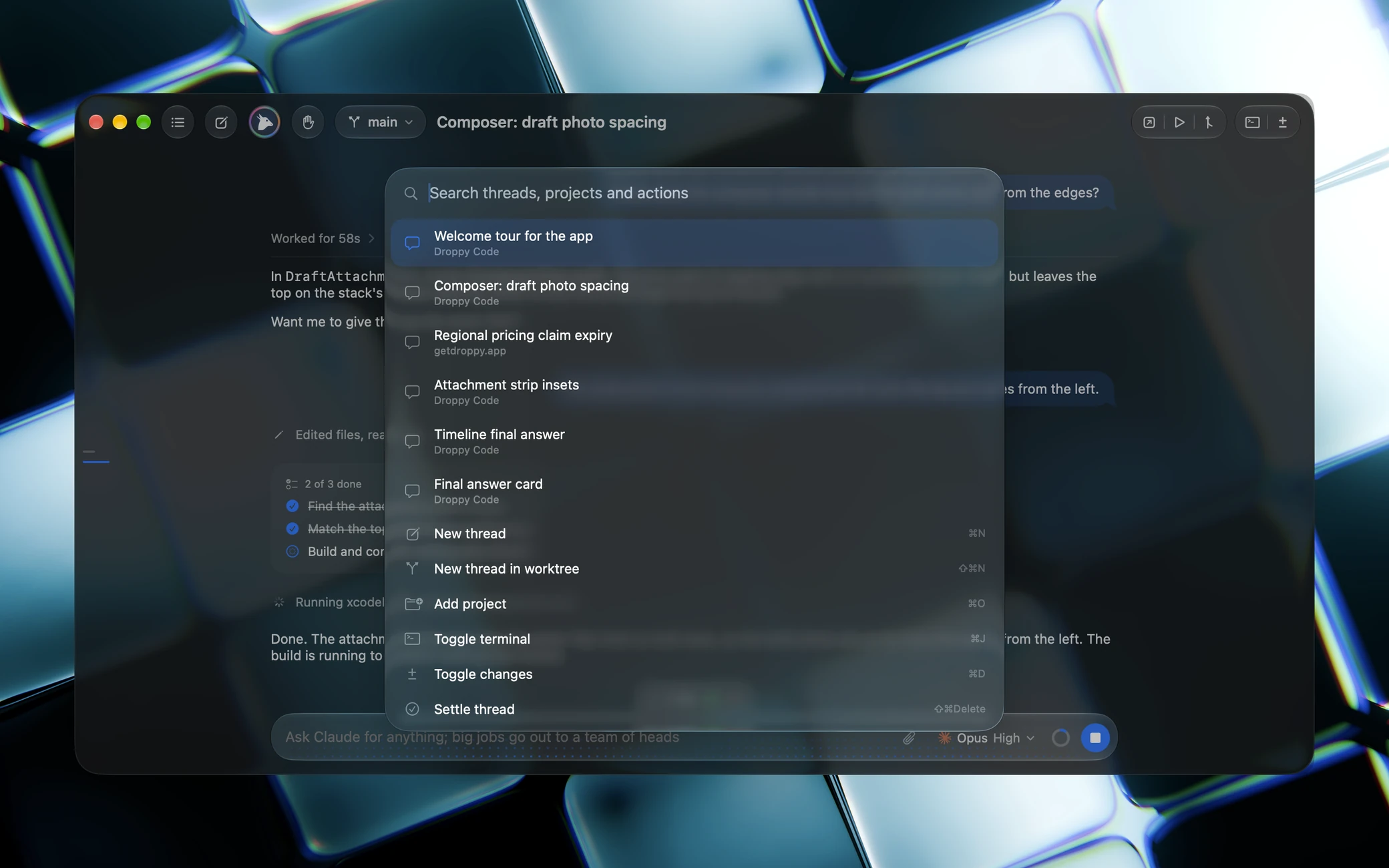 The command palette open over a thread, listing threads, projects and actions