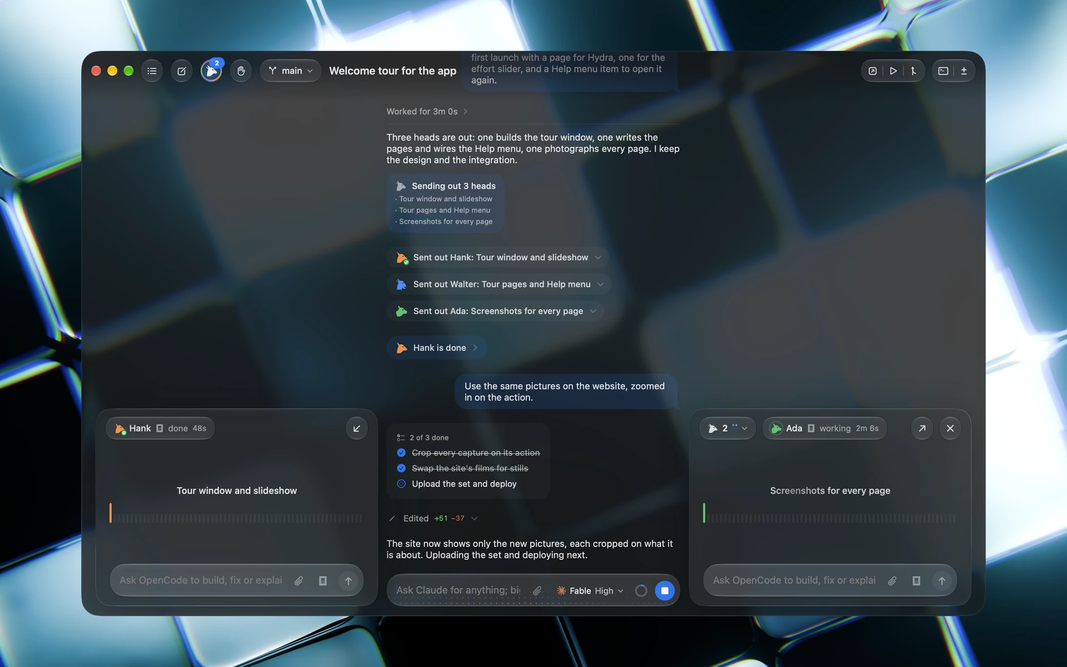 Two floating glass panels over the chat: a head popped out at the left, the team's panel at the right
