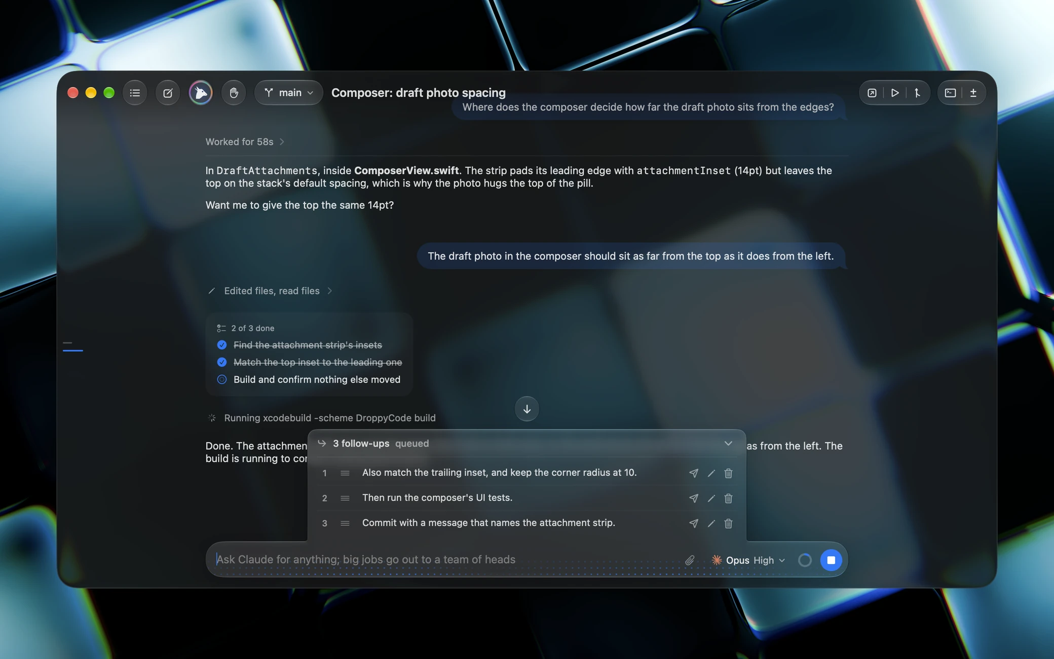 Three follow-ups queued above the chat box while a turn runs