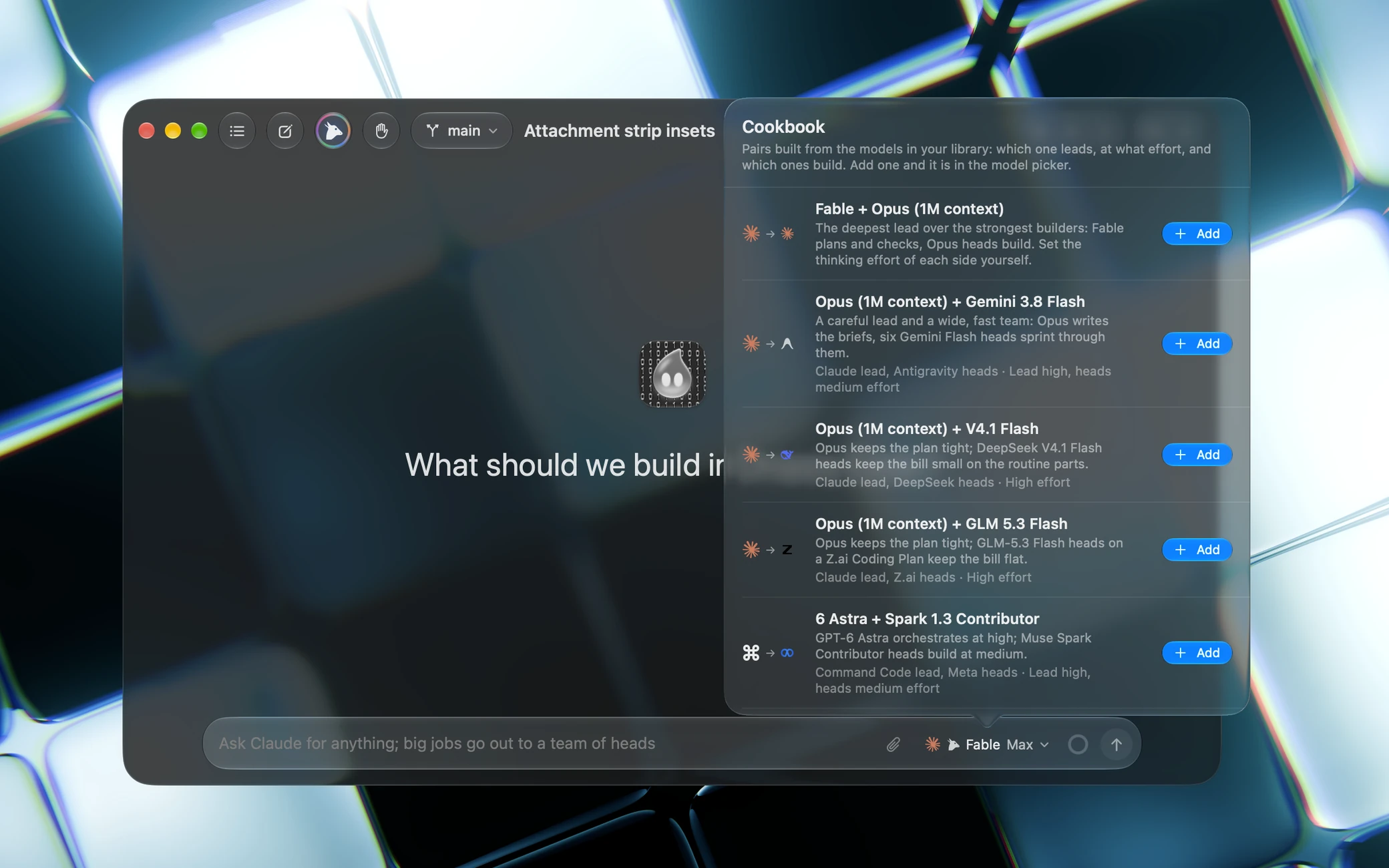 The Hydra cookbook popover over the chat, listing ready-made pairs