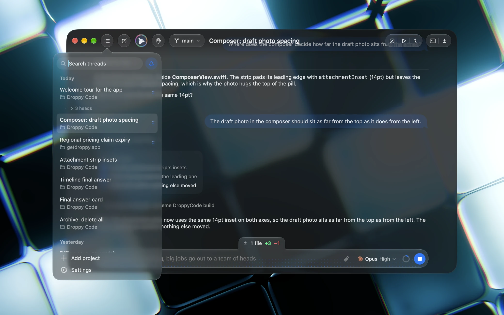 The hidden sidebar's thread list floating from the toolbar's Threads button over the chat