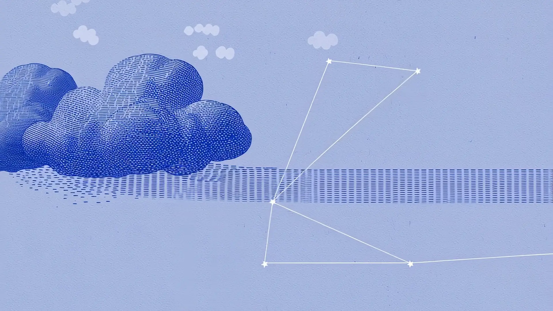 An engraved cobalt cloud raining over a drawn constellation on pale periwinkle paper.