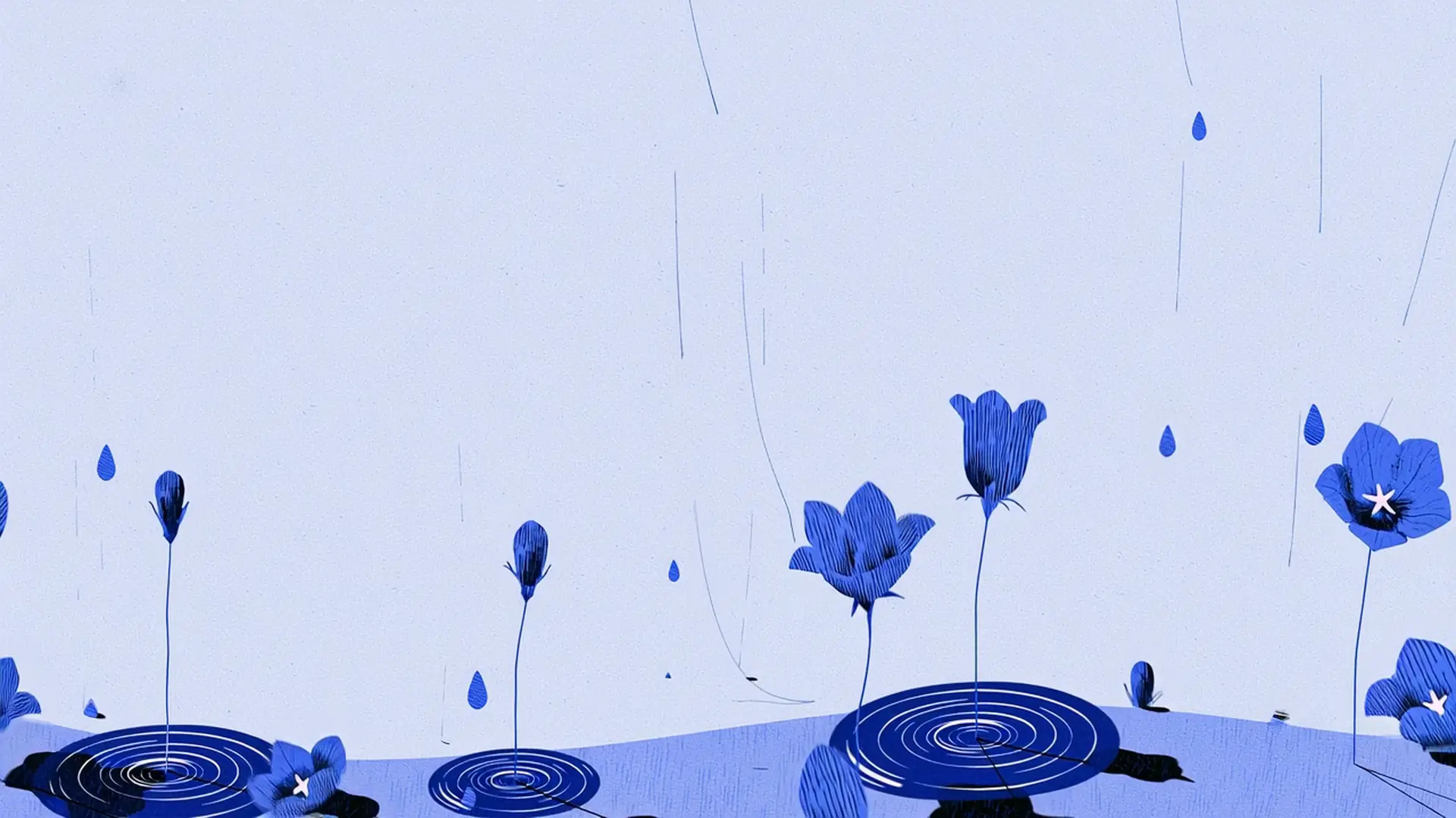 Engraved cobalt bellflowers rising out of rippling water on pale periwinkle paper.