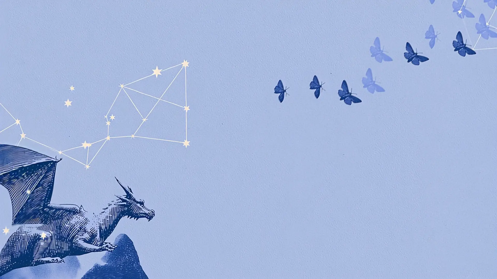 The Droppy dragon on a peak beneath a constellation, watching a line of moths cross pale periwinkle paper.