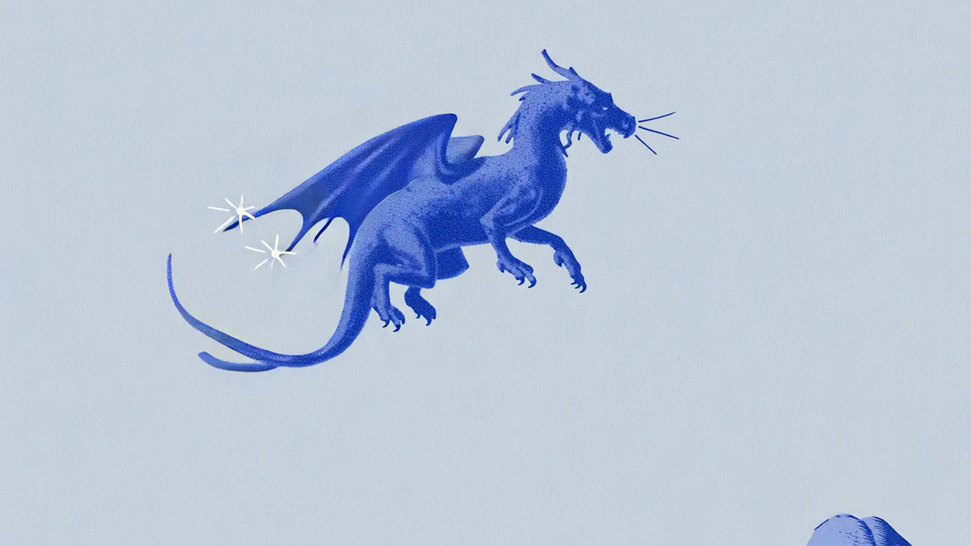 The Droppy dragon in flight, engraved in cobalt on pale periwinkle paper.