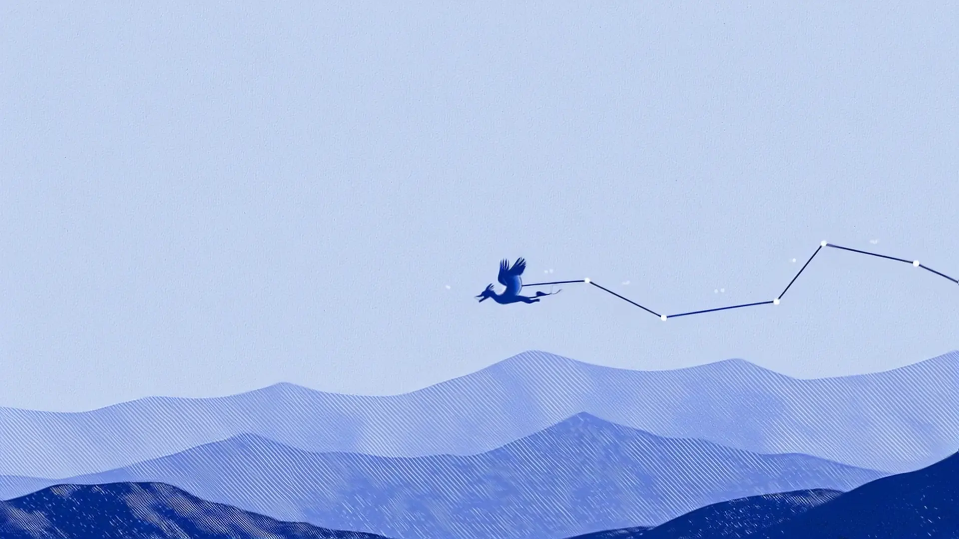 The Droppy dragon gliding over engraved cobalt mountains on pale periwinkle paper.