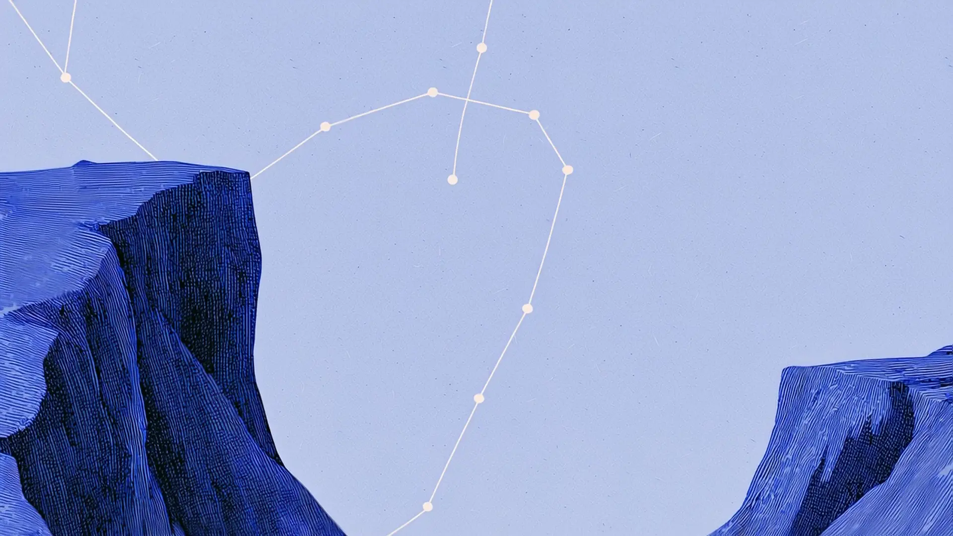 Engraved cobalt cliffs under a pale periwinkle sky, joined by a constellation of pale points and lines.